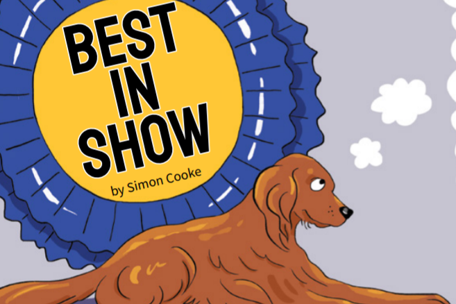 a brown dog lying down with the title 'Best in show' behind it on a blue ribbon 