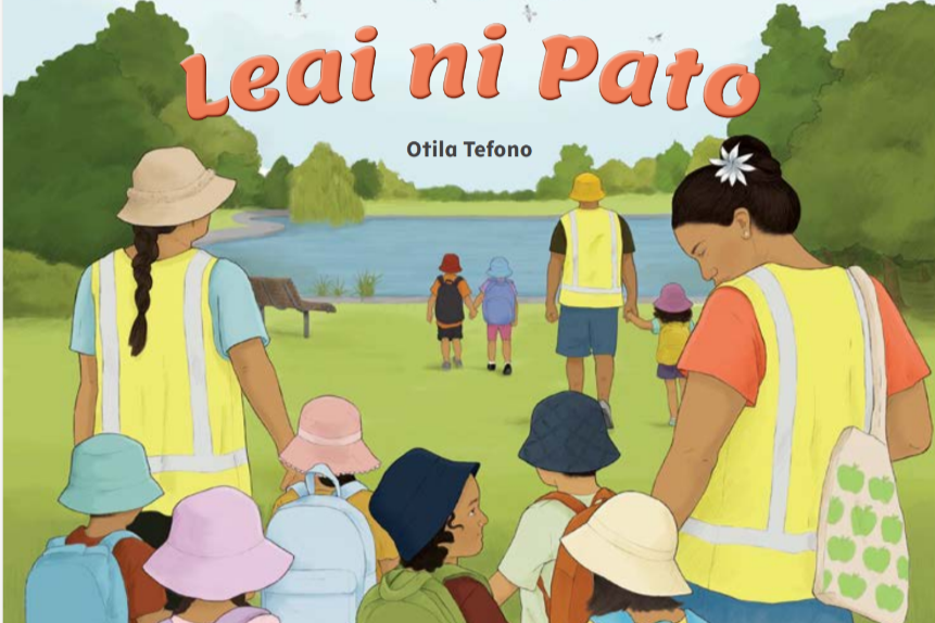 kaiako and children walking towards the pond on the cover of the book