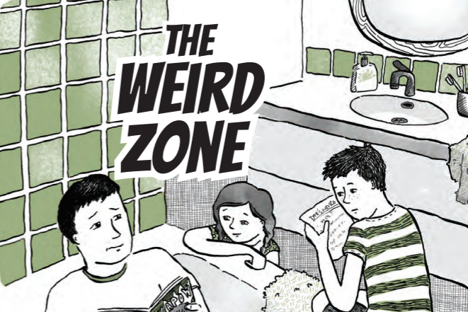the words "The weird zone" all in capitals with three people sitting together