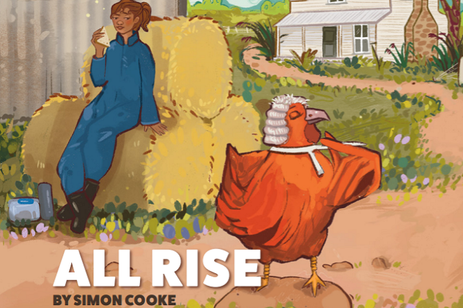 'All rise by Simon Cooke' illustraction depicts a chicken wearing a wig with a person sitting on hay in the background