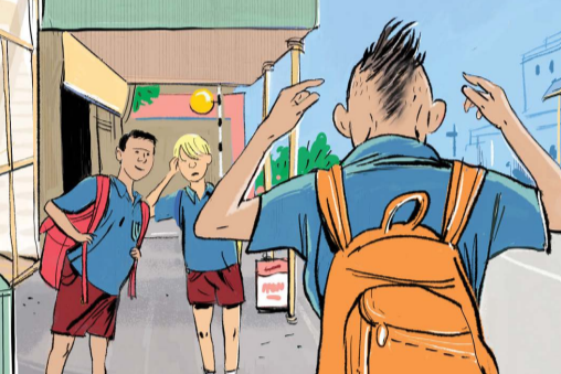 A cartoon image of two boys looking at another boy with a mohawk 