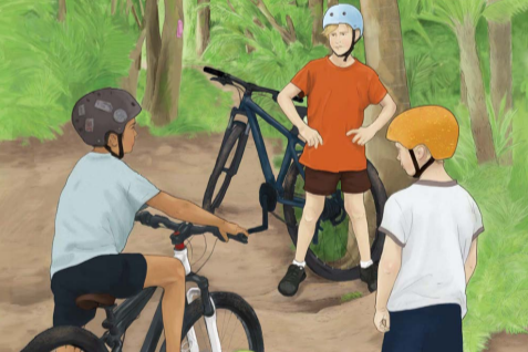 three boys, two with their bikes and one standing without, all wearing helmets. 