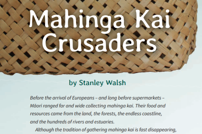 'Mahinga Kai Crusaders by Stanley Walsh' illustrated with a photograph of a flax kete.