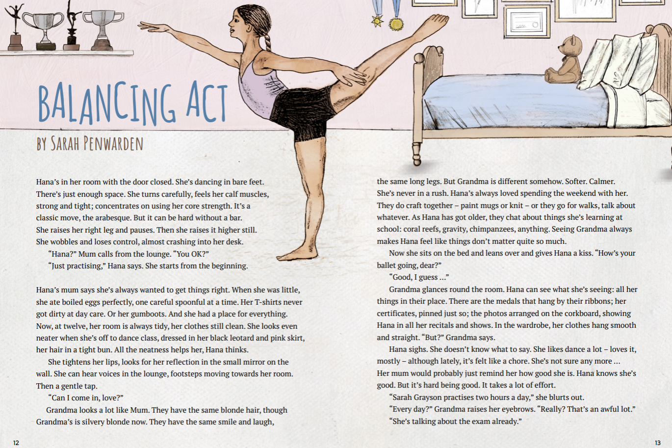 'Balancing act by Sarah Penwarden' illustration shows a young girl doing an arabesque in her room.