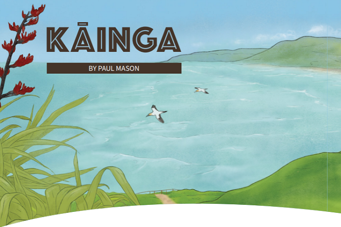 Title 'Kāinga by Paul Mason' with illustration of birds flying over the ocean.