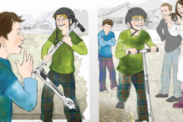 Illustration shows a young tamariki playing outside on their scooter.