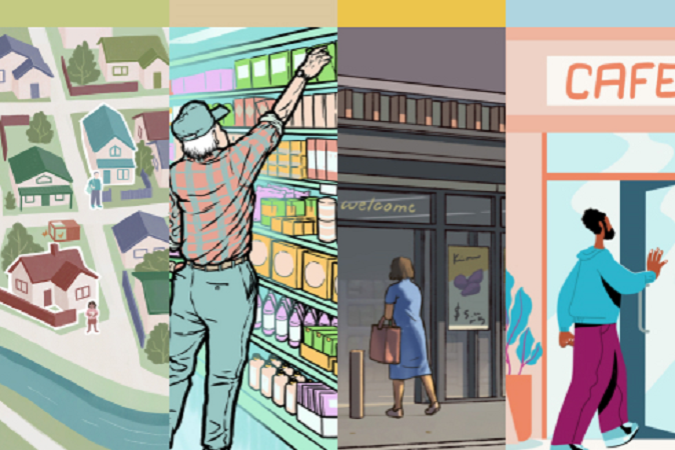 Image collage of a community of houses, a man at a supermarket, a woman going to a supermarket, and a man outside a café.