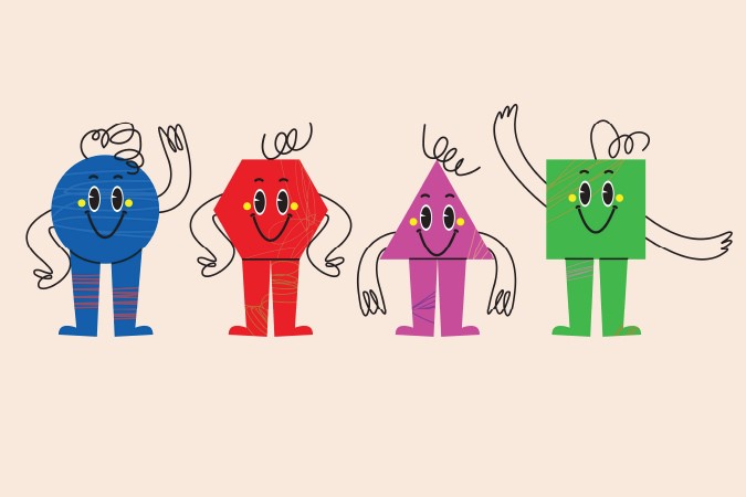 Cartoon depictions of shapes with smiley faces and bodies.