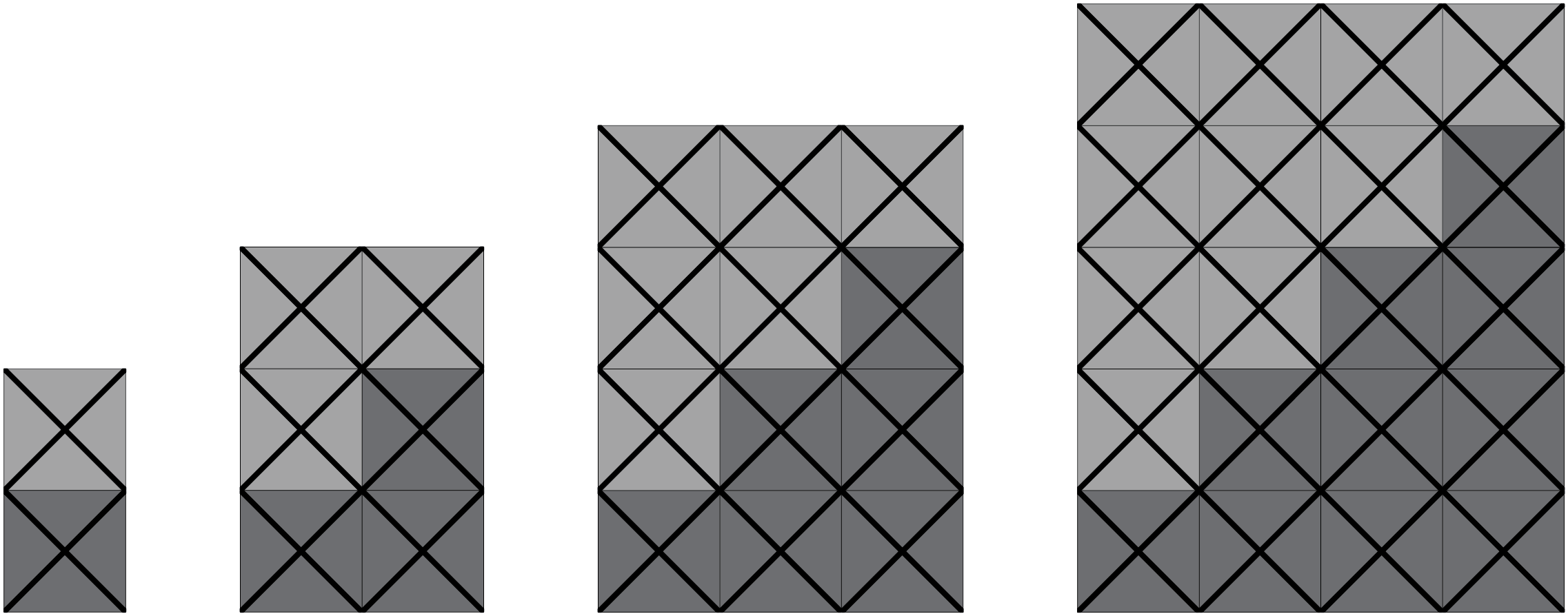 Designs from Tukutuku patterns CM 1 (.pdf) built with square tiles. Four diagrams of tiles make a rectangle shape ranging from 1 by 2 and growing to 4 by 5. 