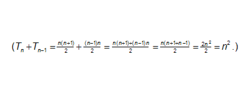 (Tn+Tn-1=ⁿ⁽ⁿ⁺¹⁾⁄₂ + ⁿ⁽ⁿ⁻¹⁾ⁿ⁄₂ = ⁿ⁽ⁿ⁺¹⁺ⁿ⁻¹⁾ⁿ⁄₂ = ⁿ⁽ⁿ⁺¹⁺ⁿ⁻¹⁾ⁿ⁄₂ = ²ⁿ⁄₂² = n² .)