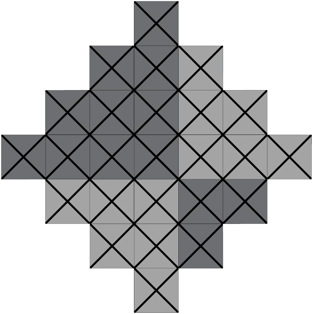 The fourth patiki pattern from Tukutuku patterns CM 2 (.pdf). This diagram resembles the shape of a diamond made from square blocks.