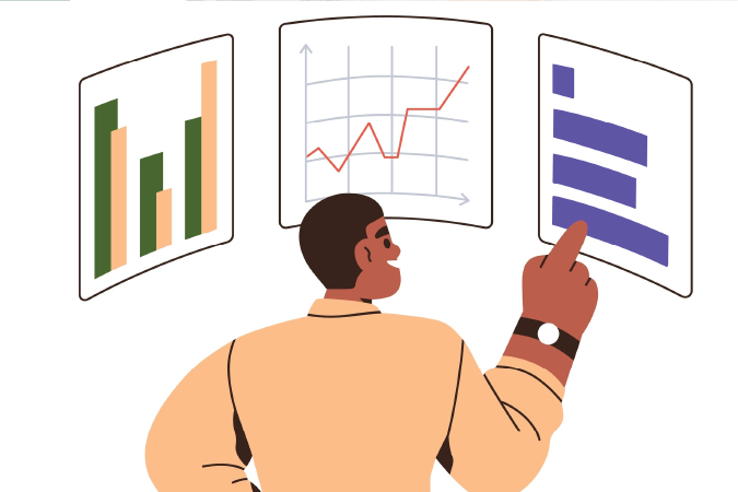 Cartoon illustration of a person looking at three different graphs and charts.