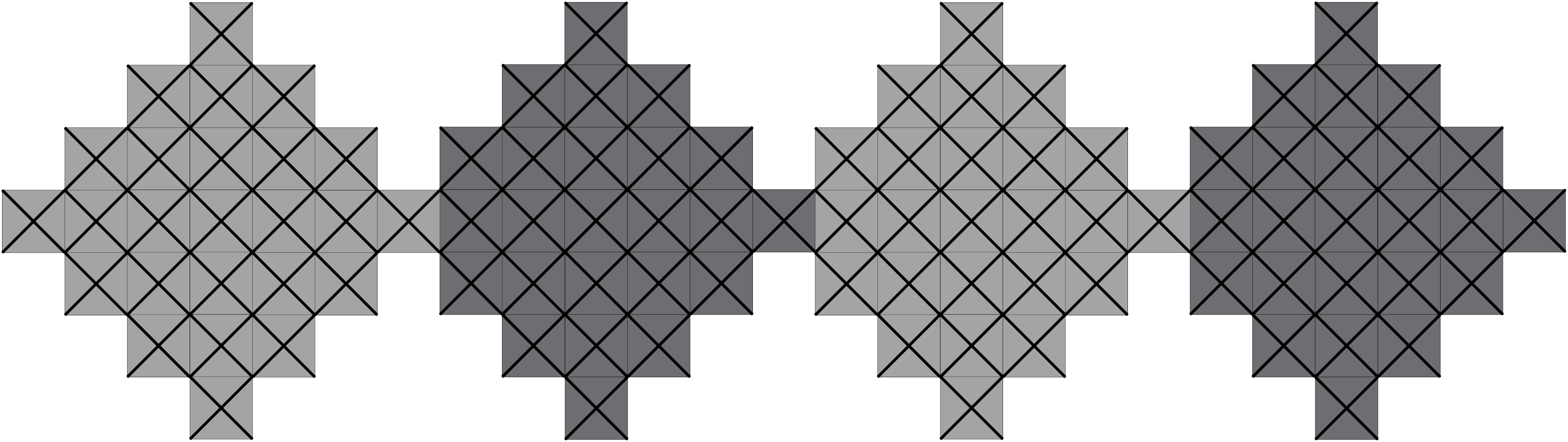 This images shows a string of four patiki patterns from Tukutuku patterns CM 5 (.pdf). This diagram resembles a chain of blocks in the shape of diamonds.