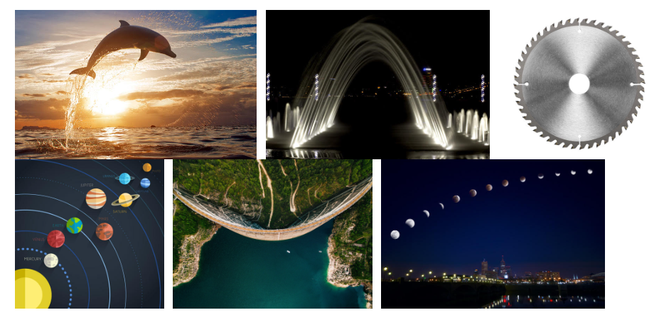 A dolphin jumps and creates a curved shape; Fountain jets creating a curved water display; A circular saw blade; Concentric circles show the distance of planets from the sun; A curved peninsula.