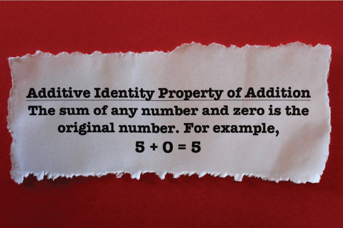 A torn piece of paper with the words 'Additive Identity Property of Addition' followed by a maths rule and equation. 