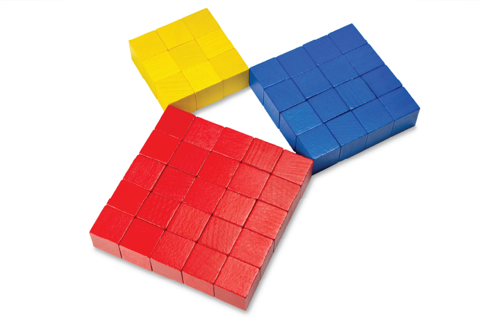 A collection of multicoloured cubes placed together to create squares and a triangle.