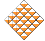 A diamond shape containing while and orange triangles, where the number of each colour increases by 2 at each successive row and then decreases by the same.