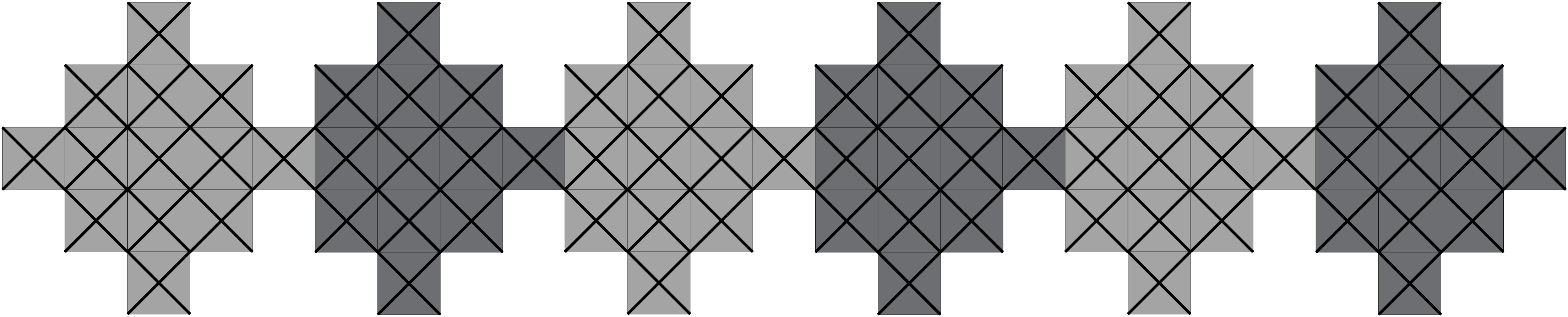 This images shows a string of six patiki patterns from Tukutuku patterns CM 5 (.pdf). This diagram resembles a chain of blocks in the shape of diamonds.