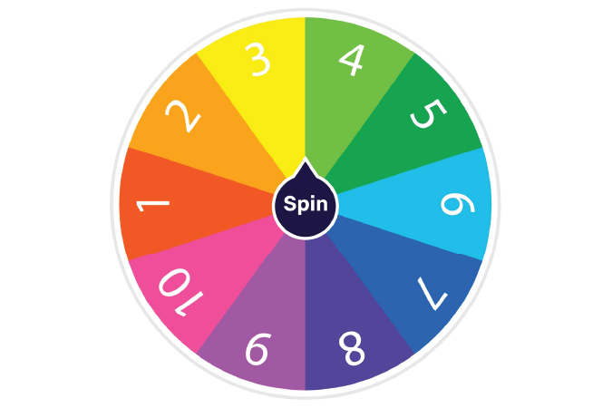A multicoloured spinner with panels labelled from 1 to 10. 