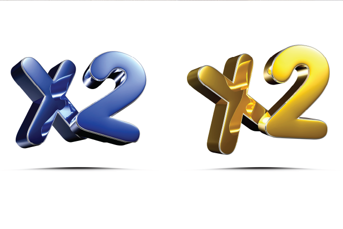 Multiplication symbols written as "X2" written in bold text in colours of blue and gold. 