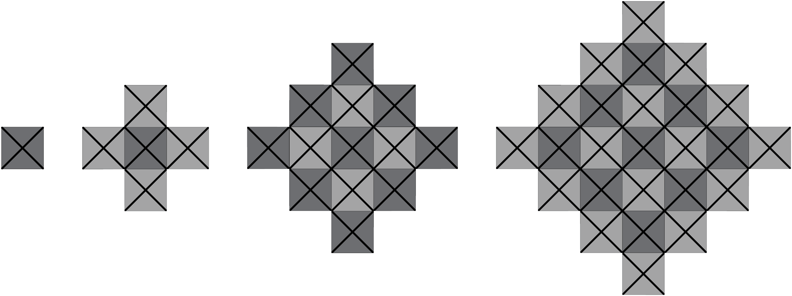 An image of Patiki patterns from Tukutuku patterns CM 2 (.pdf). Four diagrams, increasing in size, resemble the shape of a diamond made from square blocks. 