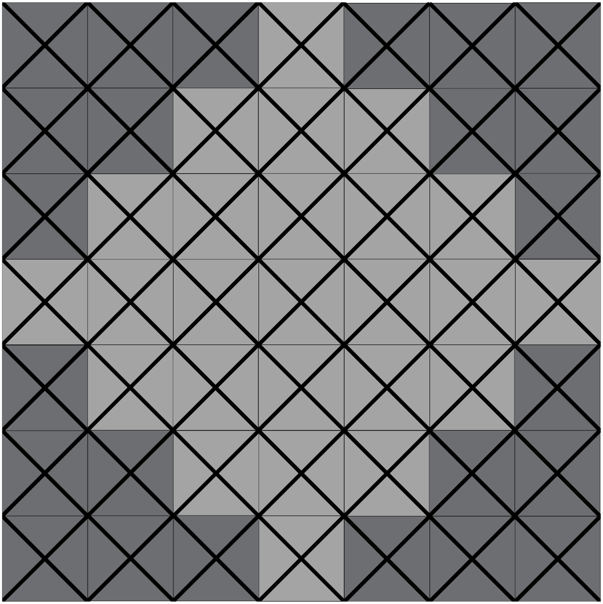 This diagram resembles the shape of a diamond made from square blocks coloured in grey, which are surrounded by darker blocks making a square background around the diamond. 