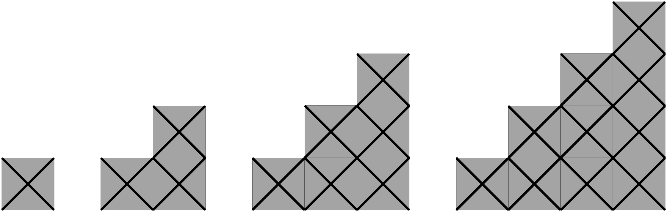 Four designs from Tukutuku patterns CM 1 (.pdf) built with square tiles. Each diagram increases in size, resembling the shape of a staircase. 