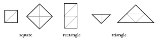 Five diagrams of different-sized squares, rectangles, and triangles that are created by triangle subunits.