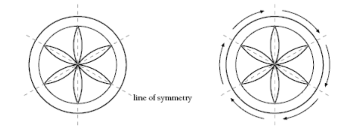 A flower design with three lines of symmetry and a rotational symmetry of order six.