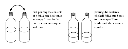 Two sets of two bottles showing how eighths of a bottle can be found: two half-full bottles; two 1/4-full bottles.