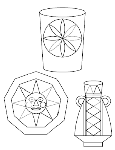 Three  examples of symmetrical patterns. A cup with a flower pattern, an octagon containing a sun with a face, and a vase with diamond shapes on it and a handle either side. 