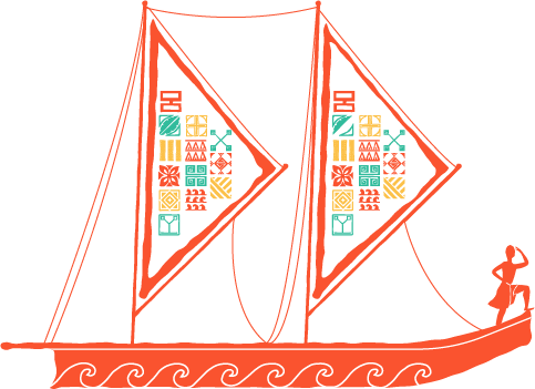 Stylised image of a vaka with Tapasā icons in the sails.
