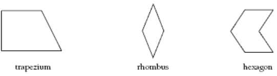 Shape of a trapezium, rhombus, and hexagon.