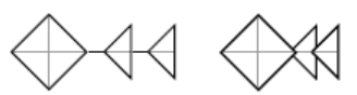 Two fish-like shapes with a square on the left followed by two triangles, created by triangle subunits.