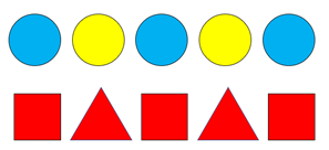 A row of colourful circles above a row of red squares and triangles.