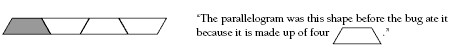 Four parrallelograms together to form one parallellogram with one shaded to show the three-quarter bug problem.