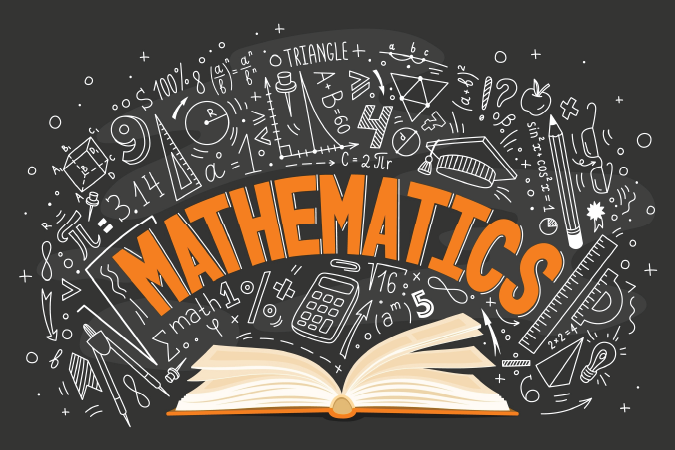 An open book with the word "mathematics" above it, surrounded by math iconography.