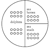 A circle diagram that is divided up into segments representing dolphins, sea horses, and sea snails.