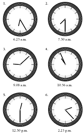 Six hand clocks each one showing a different time.