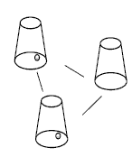 Drawing of three cups, two with a little ball inside and one without ball.