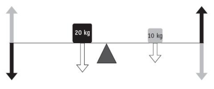 A scale weighing a 20kg block at one end and a 10kg block on the other. An arrow displays one each end that there is more weight pushing down on the side of the 20kg scale, and more weight pulling up on the 10kg side.