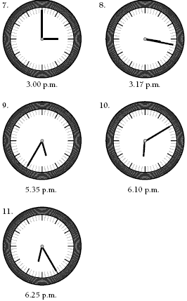 Five black hand clocks numbered from 7 to 11 all showing different times.