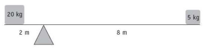 A 10m scale with a 20kg block on one end and a 5kg block on the other. The scale balance sits at 2m. 