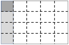 A piece of paper folded and shaded to represent the fraction equation '1/4 x 1/5 = 1/20'.