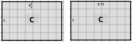 Two rectangles, each labelled C, with the area 5 x 8 = 43.75 units noted in their decimal and fraction forms.