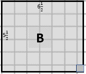 Rectangle labelled B in the centre, with the top length 6 ½ units and the left side length 5 ½ units. A tiny area at the bottom right corner is shaded.
