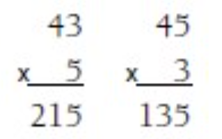 Digit arrangement answers: 43 x 5 = 215 and 45 x 3 = 135.