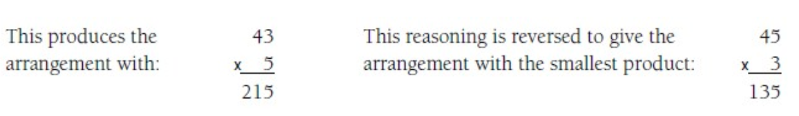 "This produces the arrangement with 43 x 5 = 215. This reasoning is reversed to give the arrangement with the smallest product 45 x 3 = 135".