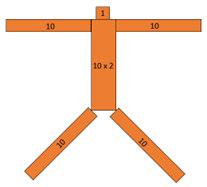 A figure of a person made from blocks: head: 1, arm: 10, leg: 10, leg: 10, body: 10 x 2.