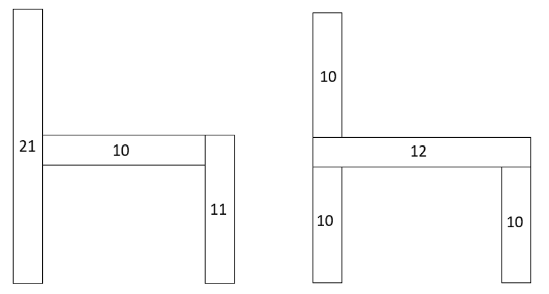 Two schematic diagrams show two different constructions of stacked cubes to form an "h" shape.